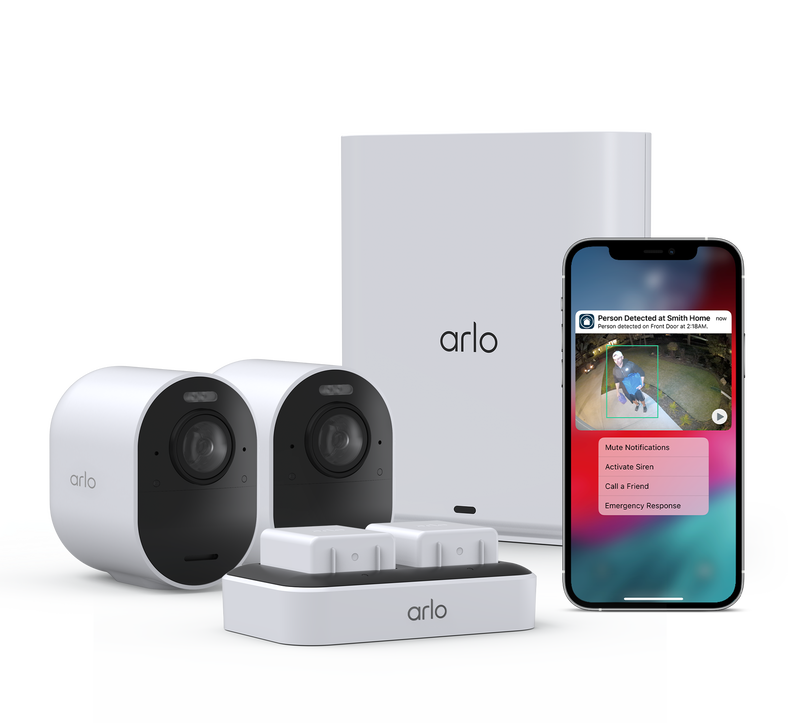 Arlo Secure Annual Plan + Ultra 2 - 2 Camera Kit + Dual Charging Station, in white, facing right